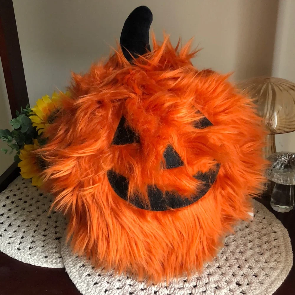 Cupcakes and Cashmere ORANGE Pumpkin Fuzzy Faux Fur Throw Pillow